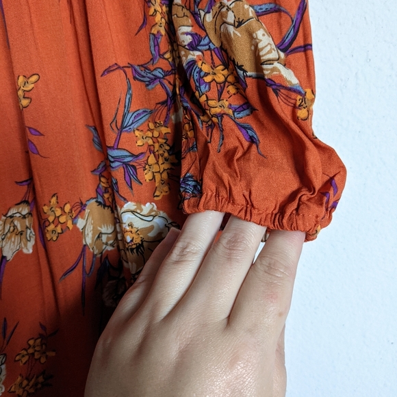 Orange floral print shirred off the shoulder long sleeve dress - Picture 6 of 11